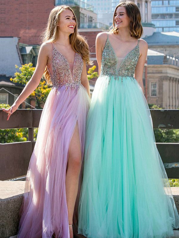 Sleeveless Amazing V-neck Long Beading Tulle Prom Dress-ballbellauk