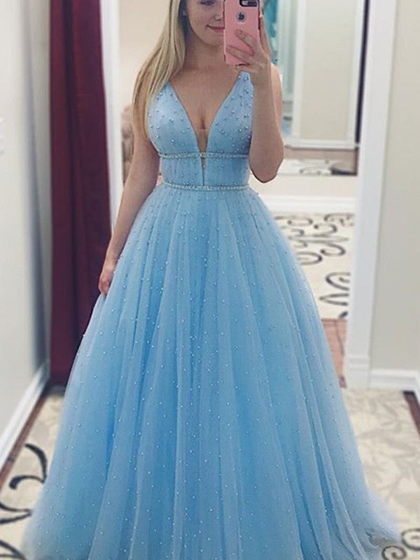 Sleeveless Amazing V-neck Long Pearls Tulle Prom Dress-ballbellauk