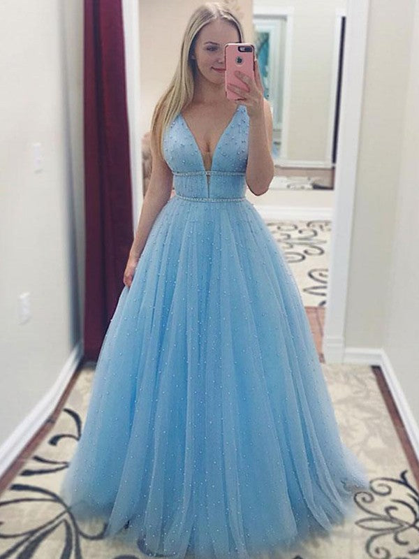 Sleeveless Amazing V-neck Long Pearls Tulle Prom Dress-ballbellauk