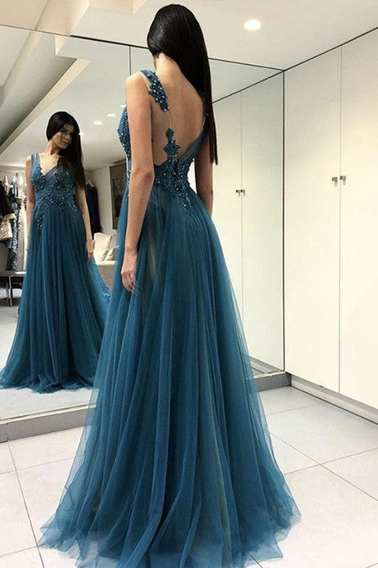 Sleeveless Amazing V-neck Long With Appliques Tulle Prom Dress-ballbellauk