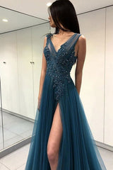 Sleeveless Amazing V-neck Long With Appliques Tulle Prom Dress-ballbellauk