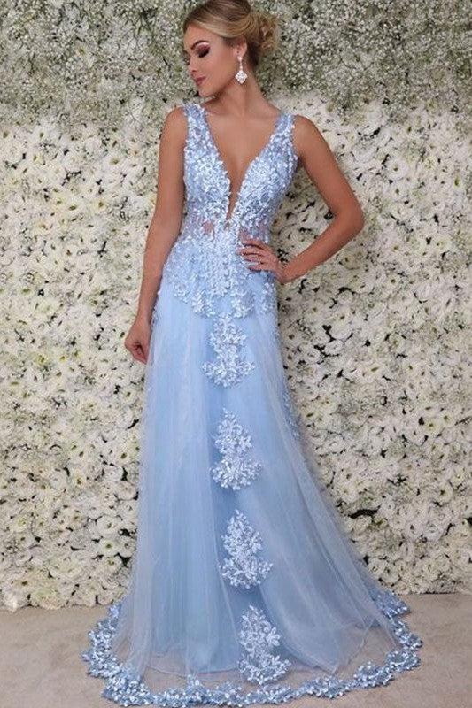 Sleeveless Amazing V-neck Long With Appliques Tulle Prom Dress online-ballbellauk