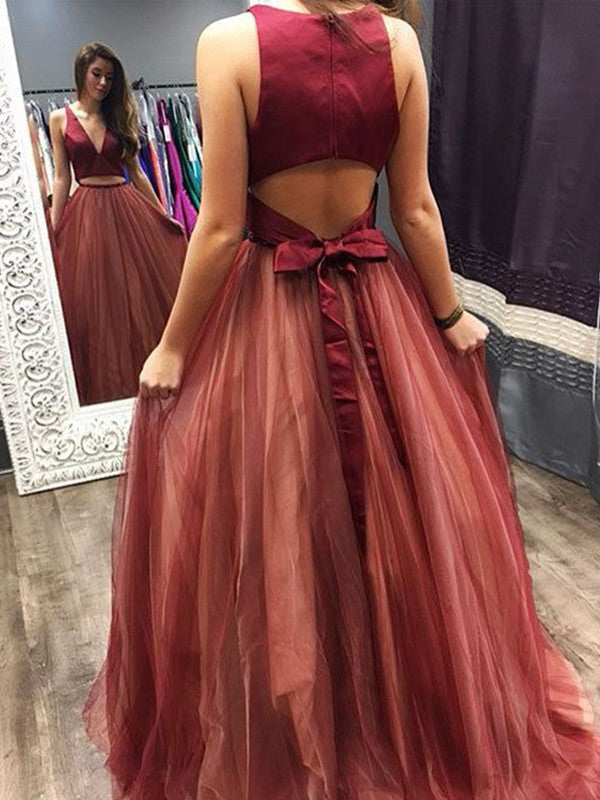 Sleeveless Amazing V-neck Ruffles Tulle Two piece Prom Dress-ballbellauk