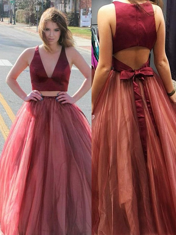 Sleeveless Amazing V-neck Ruffles Tulle Two piece Prom Dress-ballbellauk