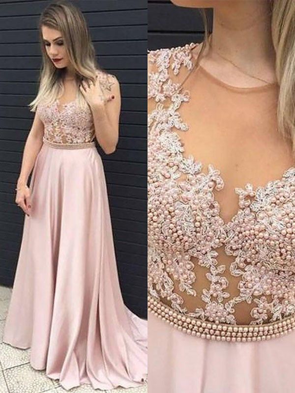 Sleeveless Amazing V-neck Satin Lace Long Prom Dress-ballbellauk