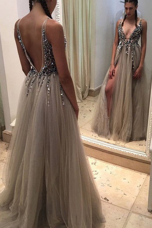 Sleeveless Amazing V-neck Tulle Paillette Prom Dress-ballbellauk