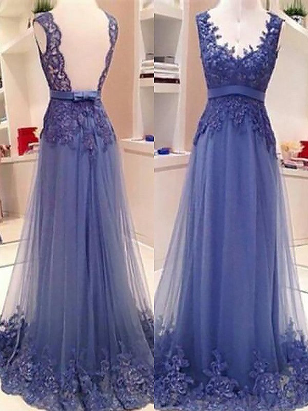 Sleeveless Amazing V-neck Tulle With Appliques Long Prom Dress-ballbellauk