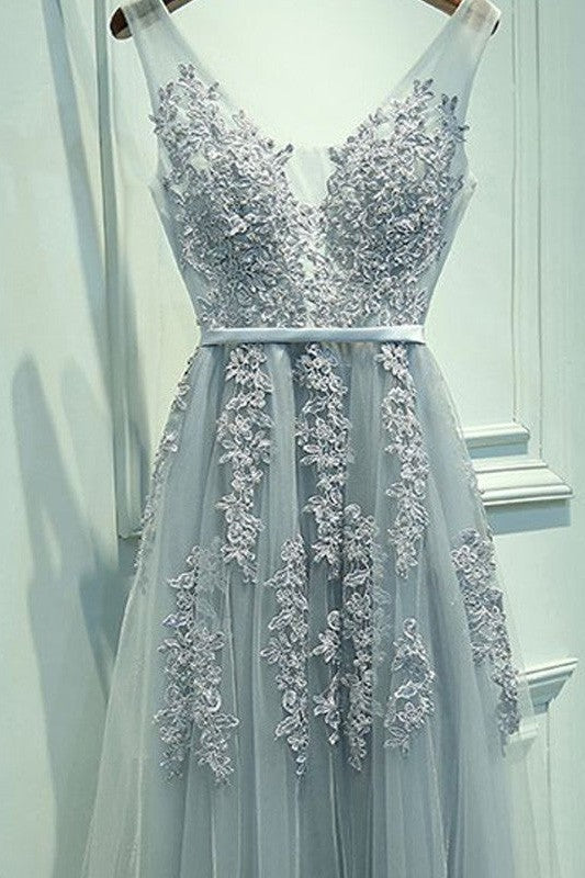 Sleeveless Amazing V-neck Tulle With Appliques Long Prom Dress-ballbellauk