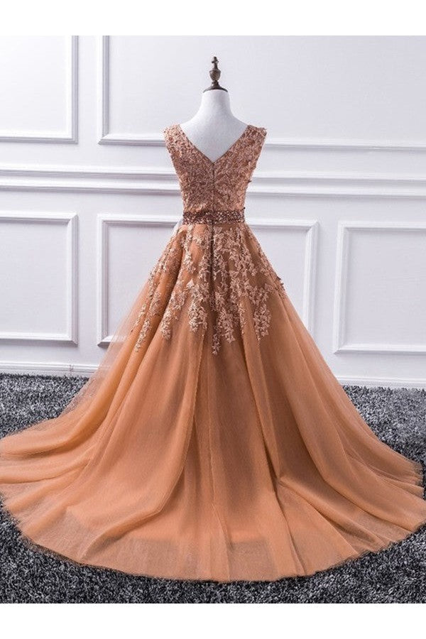 Sleeveless Amazing V-neck With Appliques Tulle Prom Dress-ballbellauk