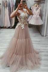 Sleeveless Amazing V-neck With Appliques Tulle Prom Dress-ballbellauk