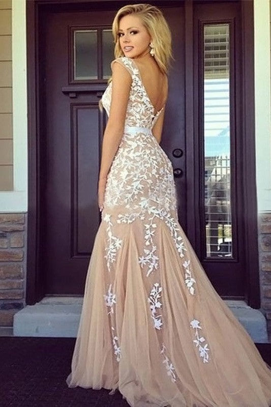 Sleeveless Bateau Tulle With Appliques Long Prom Dress-ballbellauk