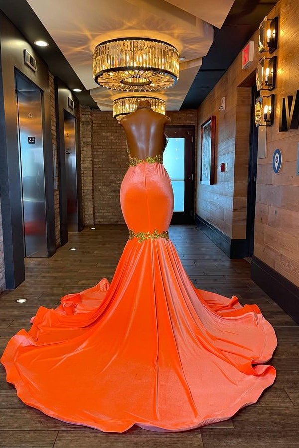 Sleeveless Orange Mermaid Elegant Prom Dress UK With Appliques and Beads-ballbellauk