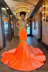 Sleeveless Orange Mermaid Elegant Prom Dress UK With Appliques and Beads-ballbellauk