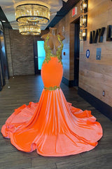 Sleeveless Orange Mermaid Elegant Prom Dress UK With Appliques and Beads-ballbellauk