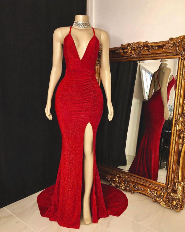 Sleeveless Red Halter Prom Dress UK with a Split-ballbellauk