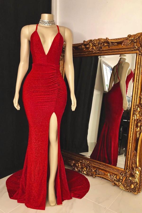 Sleeveless Red Halter Prom Dress UK with a Split-ballbellauk