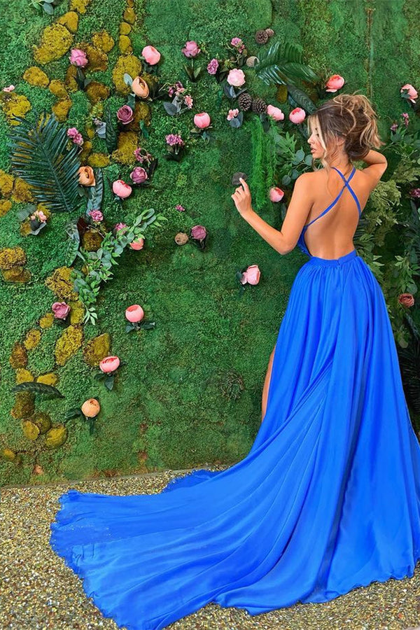 Sleeveless Royal Blue Prom Dress UK with a Split-ballbellauk