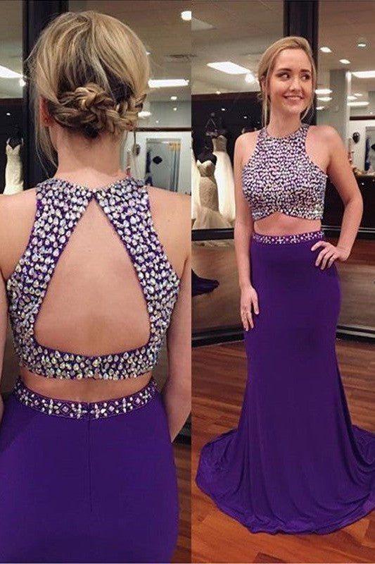 Sleeveless Scoop Beading Satin Two Piece Prom Dress-ballbellauk