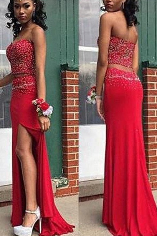 Sleeveless Sweetheart Beading Satin Two Piece Prom Dress-ballbellauk