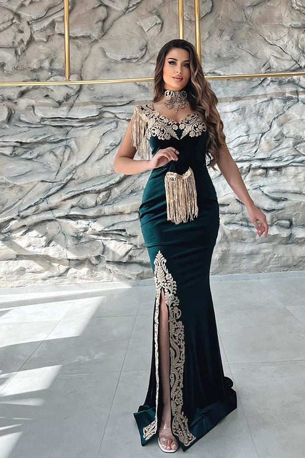 Sleeveless V-Neck Applique Split Mermaid Evening Dress in Dark Green with Detachable Skirt-ballbellauk