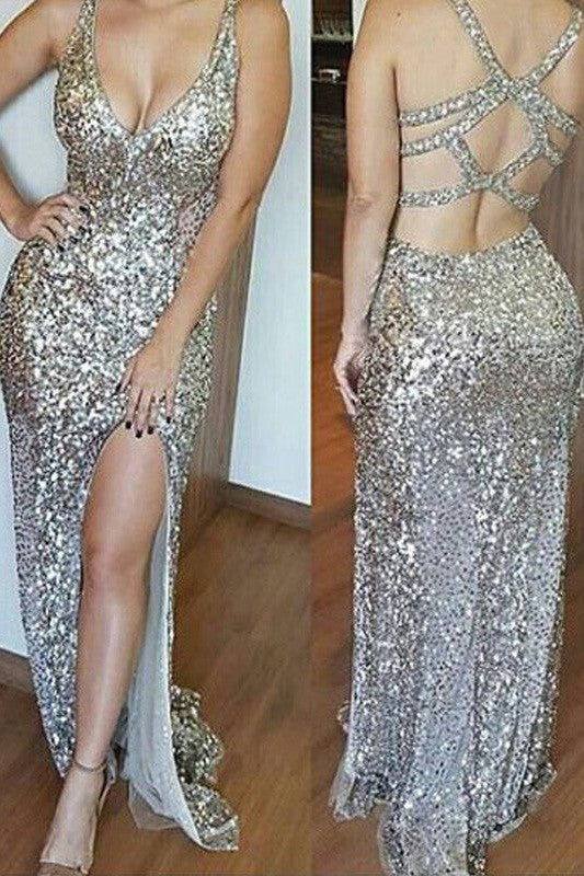 Sleeveless V-neck Sequins Prom Dress-ballbellauk