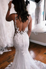 Spaghetti Straps Mermaid Long Lace Wedding Dresses with Chapel Train-ballbellauk