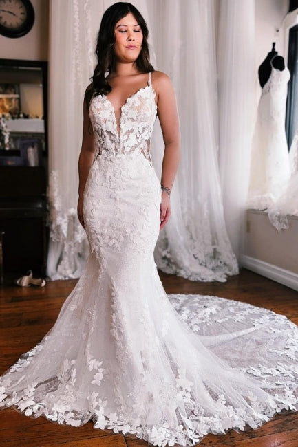 Spaghetti Straps Mermaid Long Lace Wedding Dresses with Chapel Train-ballbellauk