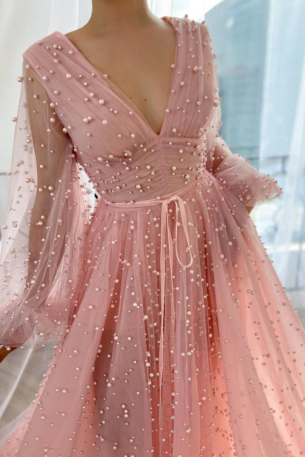 Sparkle in Style with Pink Plunging Neck Evening Dress With Pearl Beaded Tulle-ballbellauk