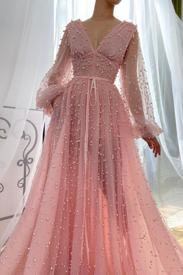 Sparkle in Style with Pink Plunging Neck Evening Dress With Pearl Beaded Tulle-ballbellauk