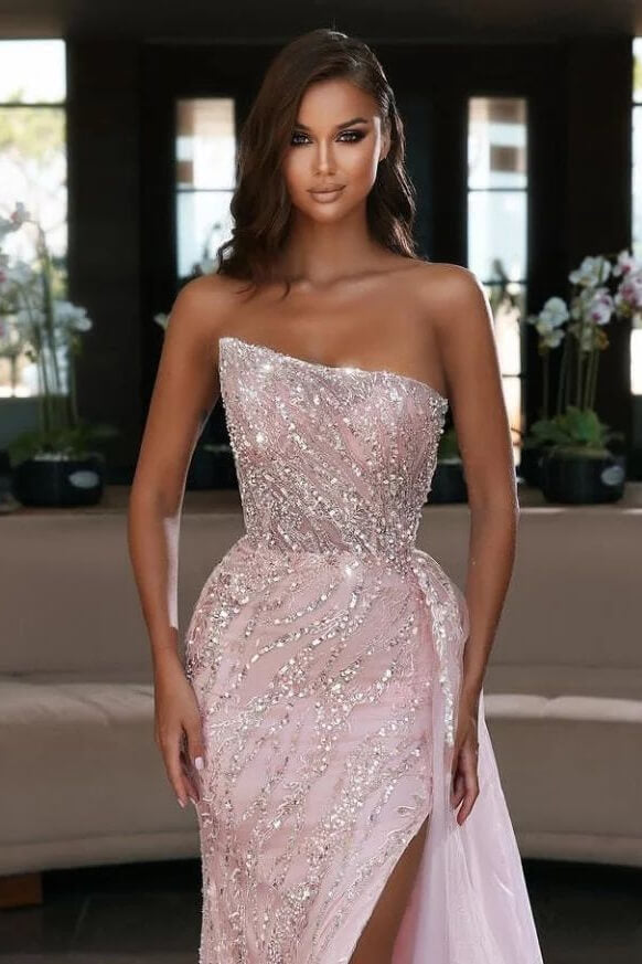 Strapless Light Pink Mermaid Sequins Prom Dress UK Split With Ruffles Online-ballbellauk