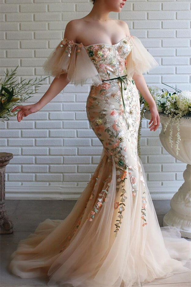 Strapless Mermaid Evening Dress with Flowers, Beadings and Appliques-ballbellauk