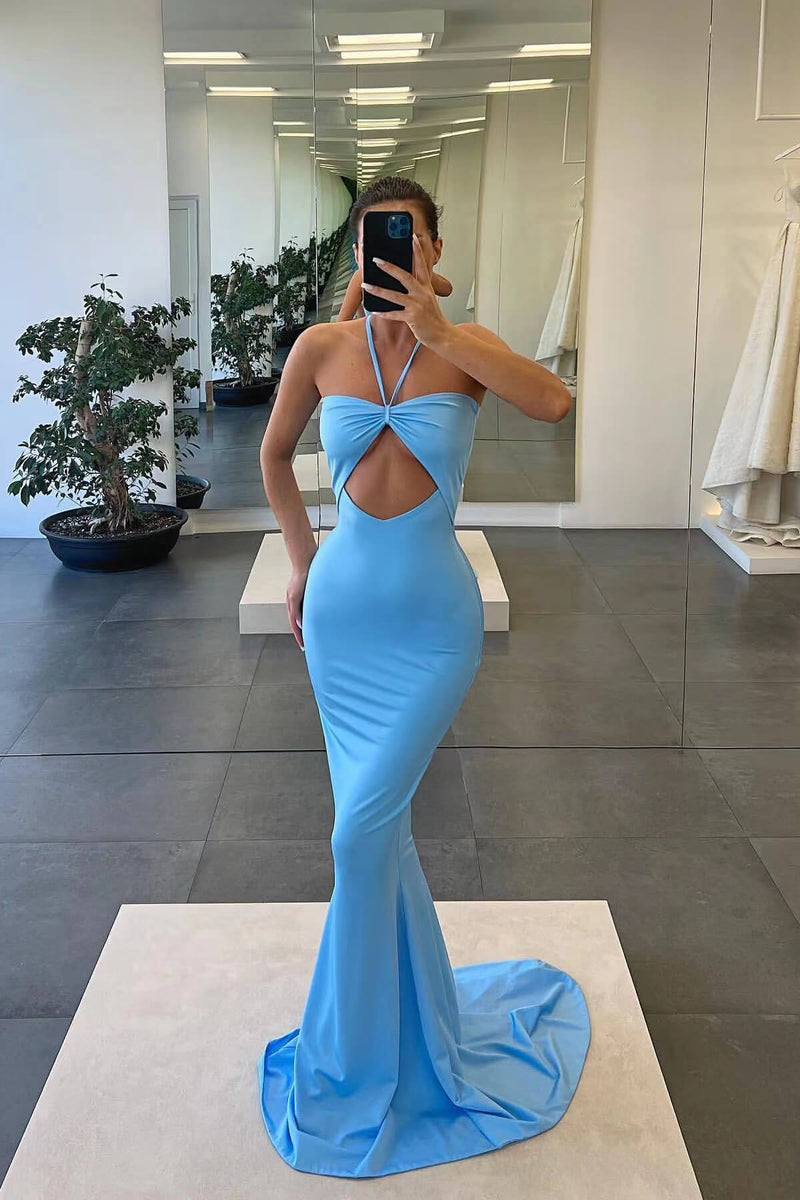 Strapless Mermaid Evening Dress with Sleeveless Online Halter - Blue-ballbellauk