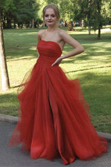 Strapless Split Tulle Long Prom Dress UK-ballbellauk