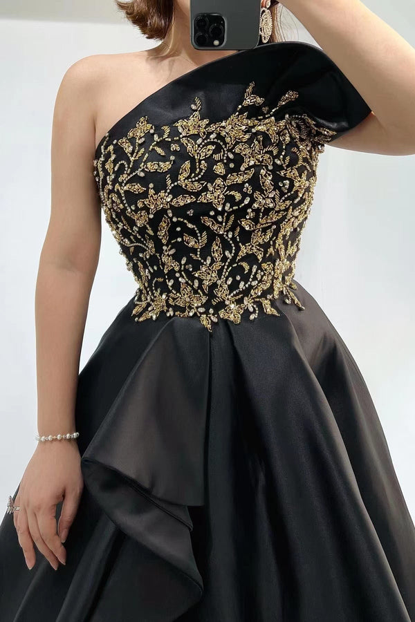 Stunning Black Evening Dress with Beadings & One Shoulder Slit-ballbellauk