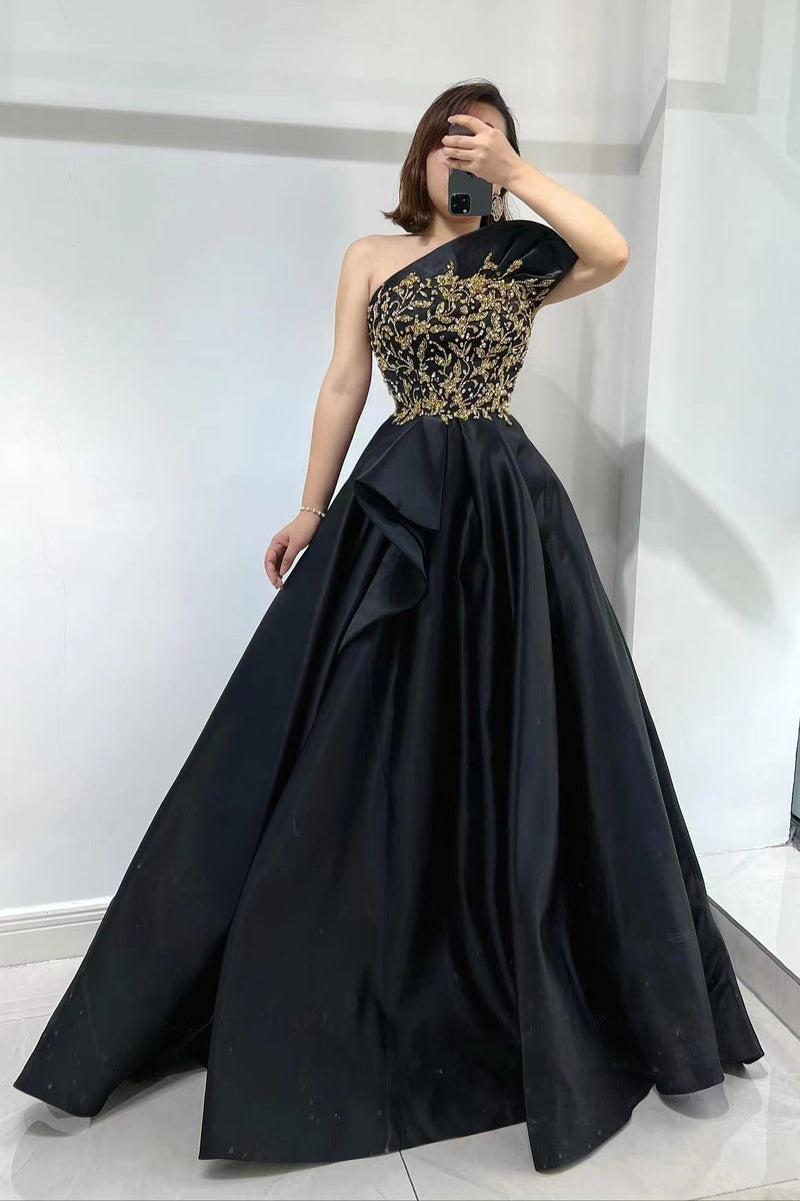 Stunning Black Evening Dress with Beadings & One Shoulder Slit-ballbellauk