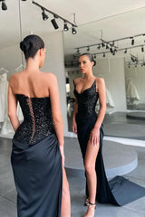 Stunning Black High-split Lace-up Sequined Prom Dress special Strapless-ballbellauk