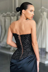 Stunning Black High-split Lace-up Sequined Prom Dress special Strapless-ballbellauk