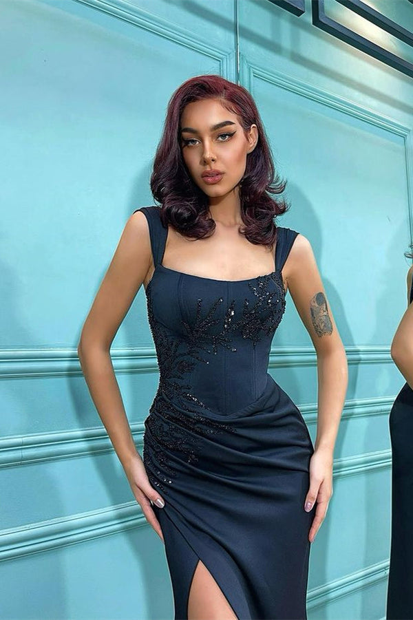 Stunning Black Mermaid Evening Dress With Beadings and Shoulder Straps Front Split-ballbellauk