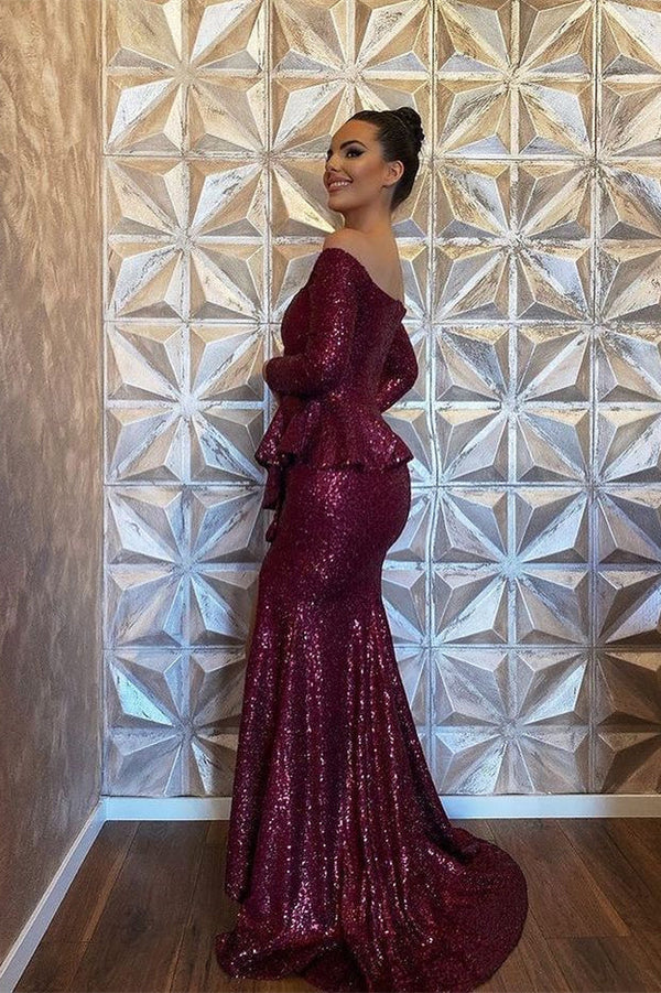 Stunning Burgundy Mermaid Evening Dress With Split and Sequins Long Sleeves-ballbellauk