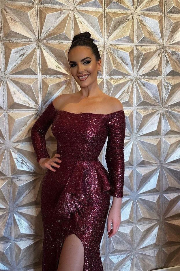 Stunning Burgundy Mermaid Evening Dress With Split and Sequins Long Sleeves-ballbellauk