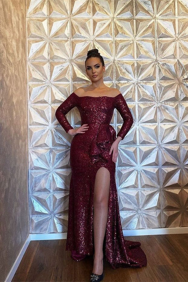 Stunning Burgundy Mermaid Evening Dress With Split and Sequins Long Sleeves-ballbellauk