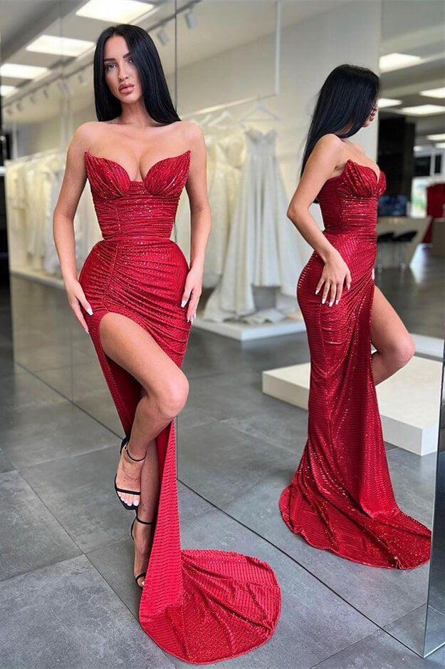 Stunning Burgundy Sequins Long Sleeveless Mermaid Prom Dress UK with Split-ballbellauk