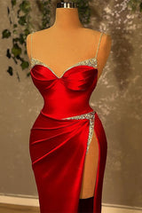 Stunning Burgundy Spaghetti-Straps Mermaid Evening Dress Sleeveless With Slit Beadings-ballbellauk