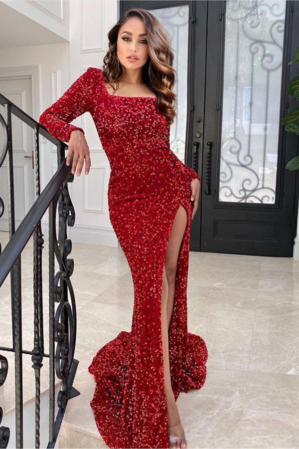 Stunning Burgundy Square Long Sleeves Evening Dresses Mermaid Sequins Slit-ballbellauk