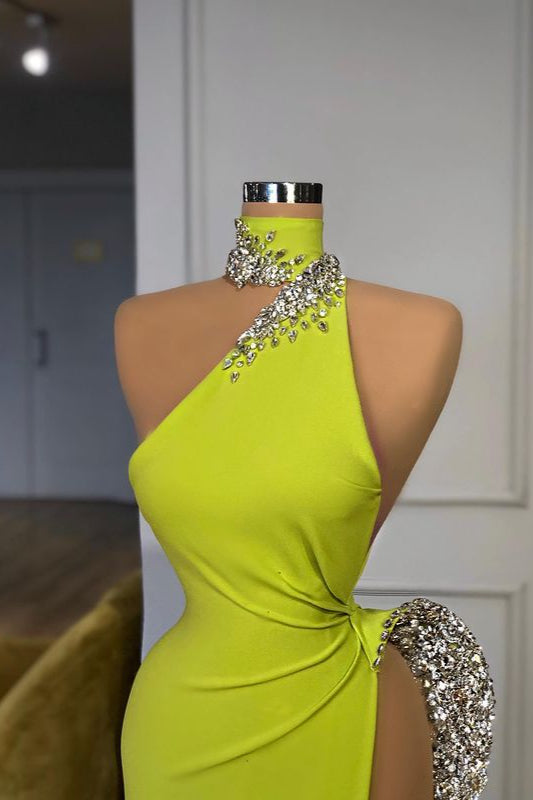 Stunning Ginger yellow Neck Shinning high side-cut Long Evening Dress Triangle-ballbellauk