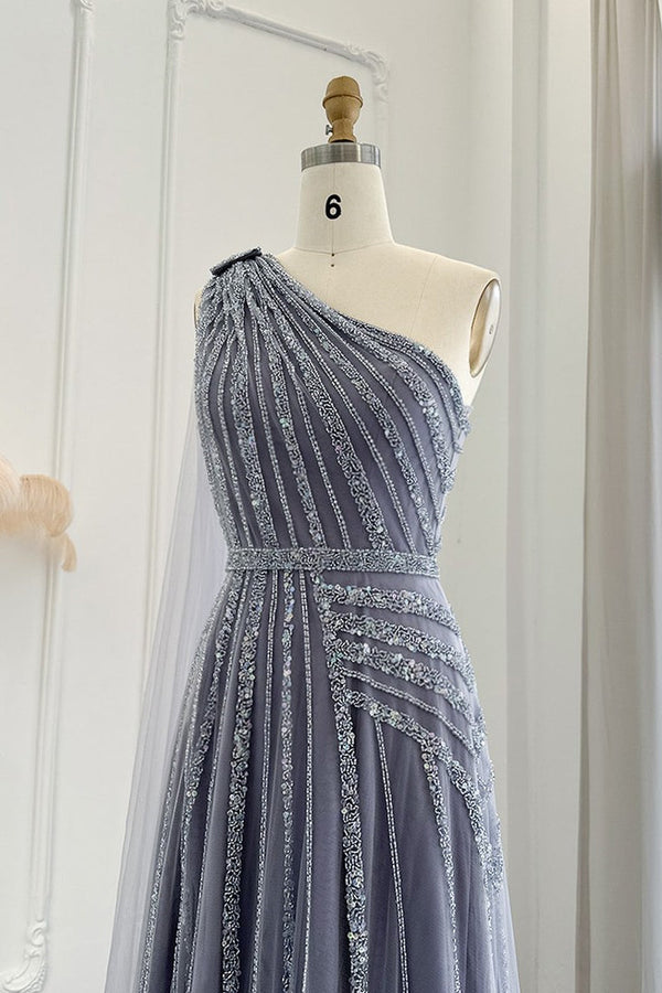 Stunning Gray One Shoulder A Line Prom Dress UK with Appliques and Ruffles-ballbellauk