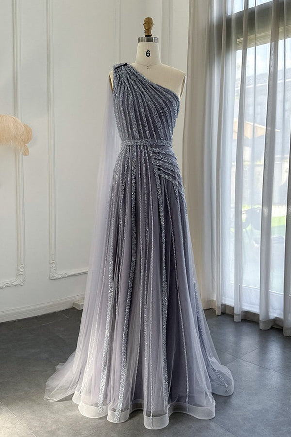 Stunning Gray One Shoulder A Line Prom Dress UK with Appliques and Ruffles-ballbellauk