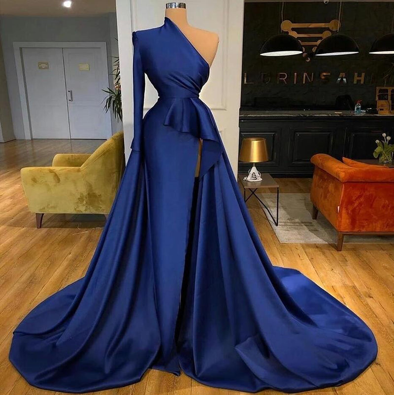 Stunning Mermaid Dark Blue Prom Dress UK with Long Sleeves and Split-ballbellauk