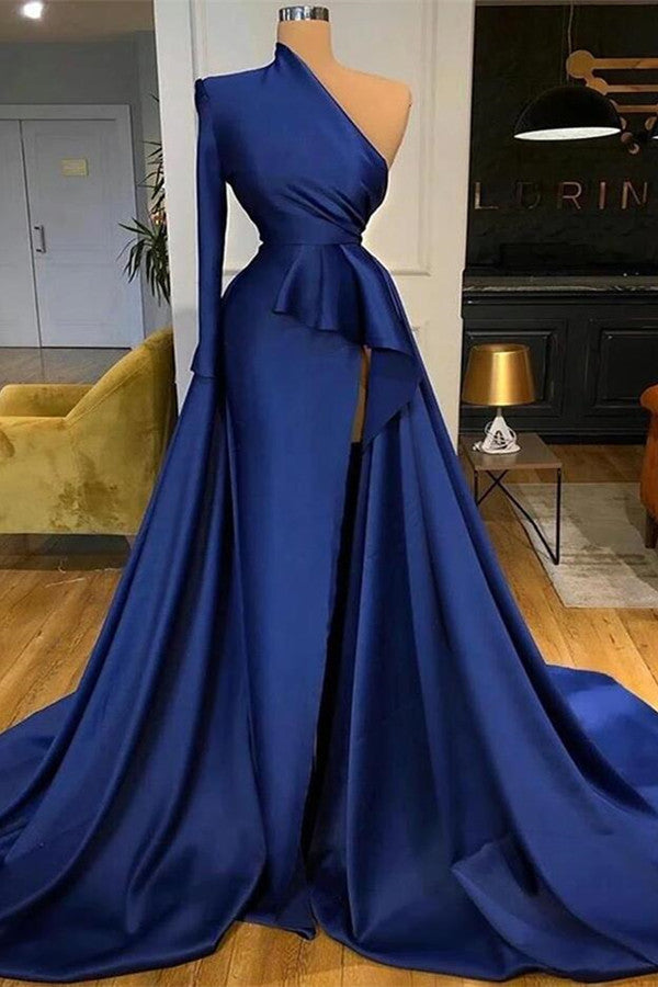 Stunning Mermaid Dark Blue Prom Dress UK with Long Sleeves and Split-ballbellauk