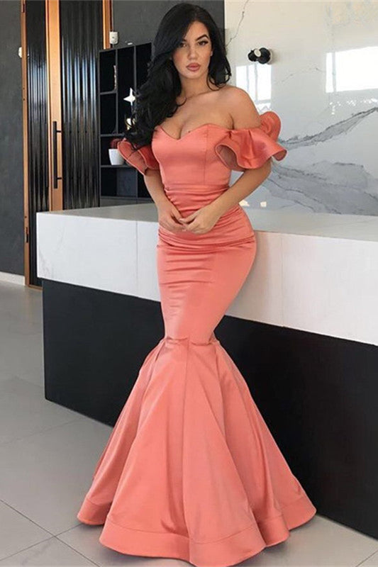 Stunning Off-the-Shoulder Long Mermaid Prom Dress UK in Coral-ballbellauk